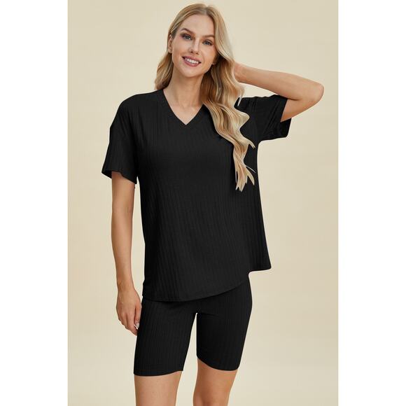 BASIC BAE Black Ribbed V-Neck Short Sleeve Top Shorts Set NEW Misses - Picture 1 of 6